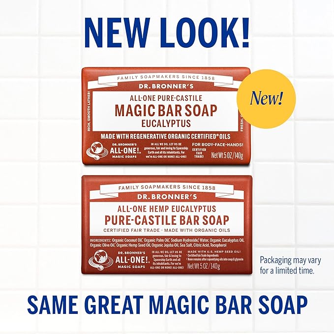 Dr. Bronner's Pure-Castile Magic Bar Soaps (Eucalyptus, 5oz, 12-Pack) – Made with RegeOrganic Oils, Soap Bars for Men & Women, Gentle for Face & Sensitive Skin, Vegan, Cruelty-Free, Non-GMO