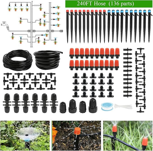 240FT Drip Irrigation System Kit, Automatic Garden Watering Misting System for Greenhouse, Yard, Lawn, Plant with 1/2 inch Hose 1/4 inch Distribution Tubing and Accessories