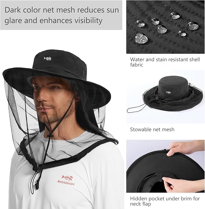 BASSDASH UPF 50+ Mosquito Net Hat with Stowable Neck Flap for Men Women Outdoor Fishing Hiking Camping Gardening FH17