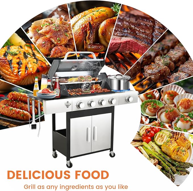 4-Burner BBQ Propane Gas Grill with Side Burner, 46790BTU Stainless Steel Barbecue Grill with Enameled Cast Iron Cooking Grids, For Camping Outdoor Cooking (Style5: 4+1 Burner)