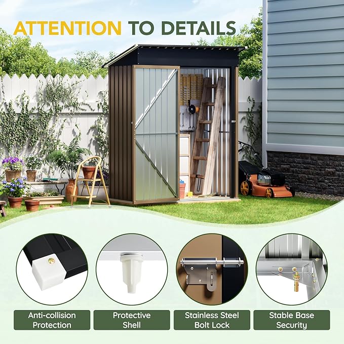Breezz 5x3FT Vertical Outdoor Steel Storage Shed with Floor Frame, Lockable Doors, Compact Metal Tool Shed for Garden, Backyard, Patio, Utility, and Bike Storage,Brown