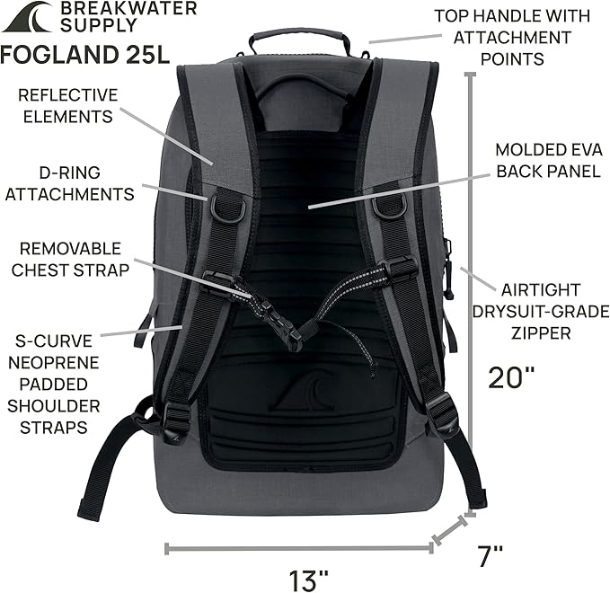 Breakwater Supply™ Waterproof IP68 Submersible Backpack with Airtight Zippers | Laptop Travel Outdoors | Fogland 25L 20L 15L