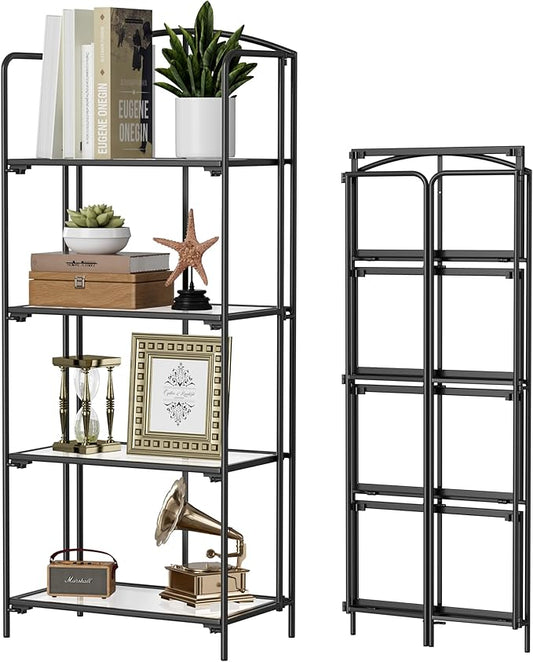 Crofy No Assembly Folding Bookshelf for Living Room, 4 Tier Black Collapsible Book Shelf for Home Office, Portable Bookcase Storage Organizer