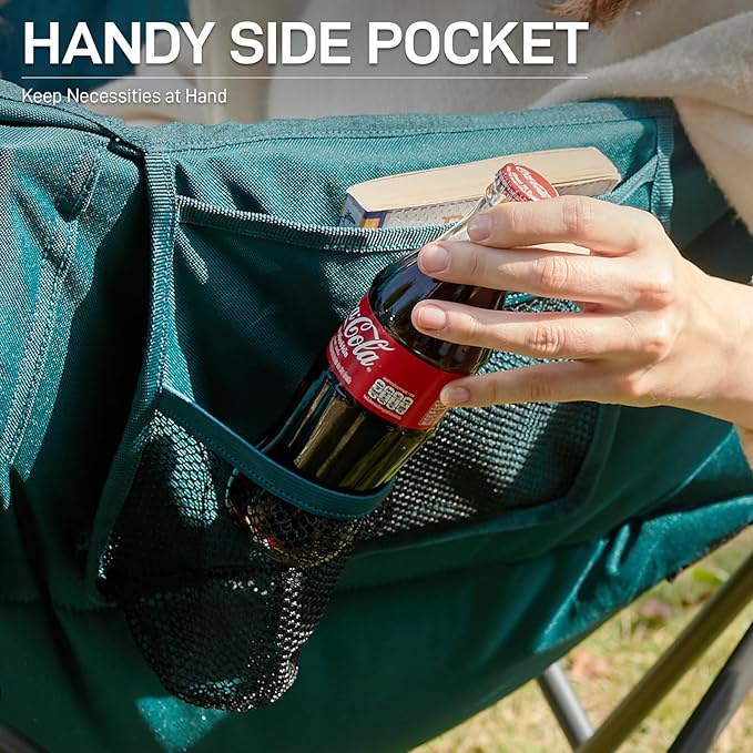 EVER ADVANCED Double Camping Chair for Adults, Padded Folding Camping Love Seat with Side Pocket Portable Camping Couch, Two Person Heavy Duty Folding Outdoor Chair with Cushion,Support 600lbs,Green