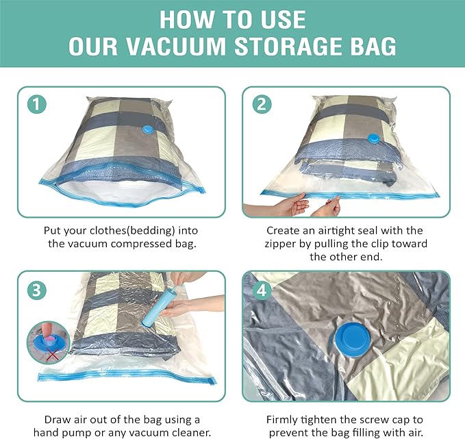 6 Pack Vacuum Storage Bags, Space Saver Bags (2 Jumbo/2 Large/2 Medium) Compression Storage Bags for Comforters and Blankets, Vacuum Sealer Bags for Clothes Storage, Hand Pump Included