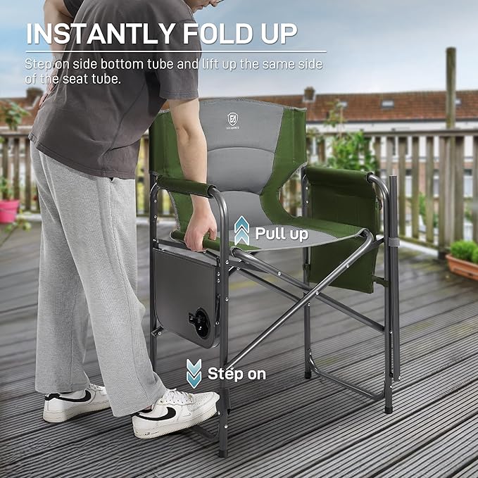 EVER ADVANCED Medium Tall Directors Chair Foldable Makeup Artist Chair Bar Height with Side Table Cup Holder and Pocket Footrest, Supports 400LBS (Green, Seat Height: 23.2 inches)