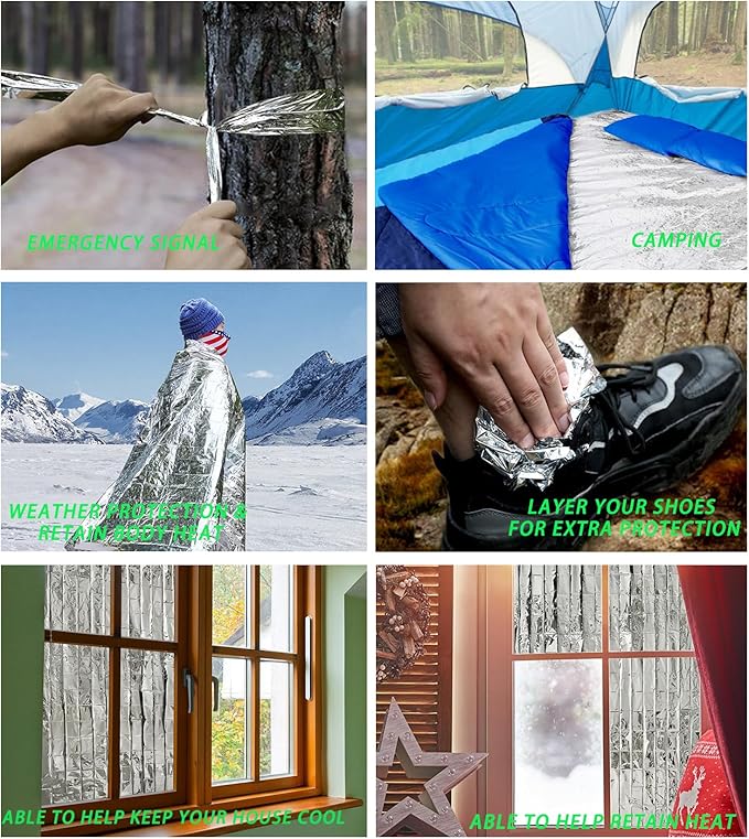 Emergency Foil Blanket (Pack of 100), Survival Thermal Mylar Blankets Individually Packaged Perfect for Outdoors, Hiking, Survival, Marathons or First Aid
