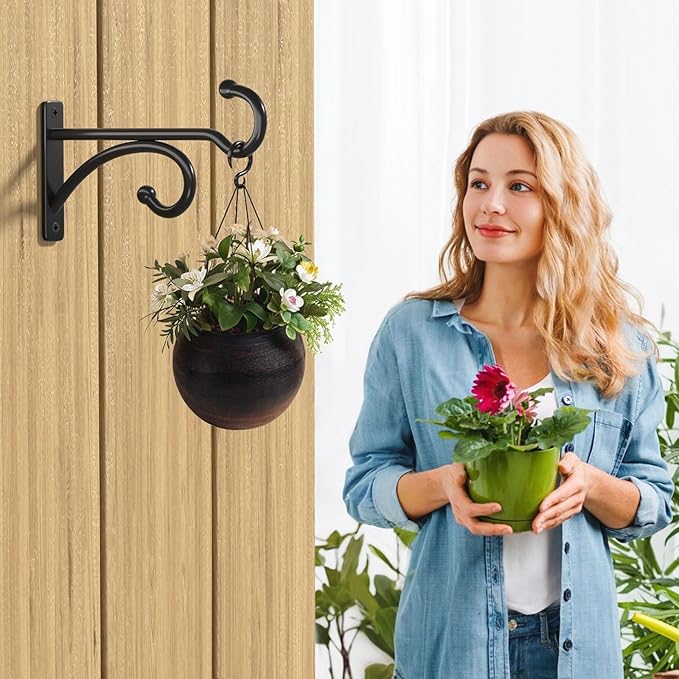 6" Plant Hanger Hooks Outdoor Indoor Planter Hooks, Wall Mounts for Hanging Plants, Baskets, Wind Chimes, Bird Feeders, Lanterns, Bird Houses (Black Metal, 2-Pack)
