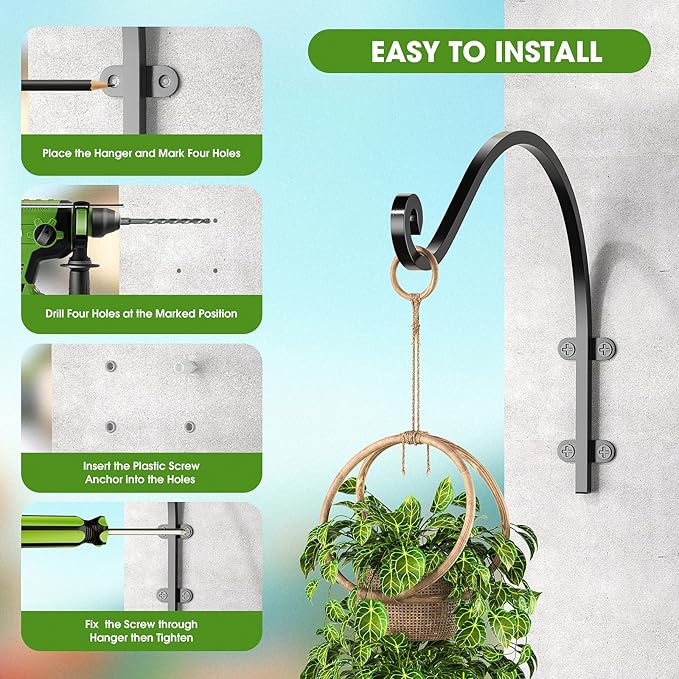 6Pack Heavy Duty Wall Hanging Plant Hanger Hook, 12Inch Black Metal Outdoor and Indoor Bracket for Hanging Flower Pot, Bird Feeder, Lanterns