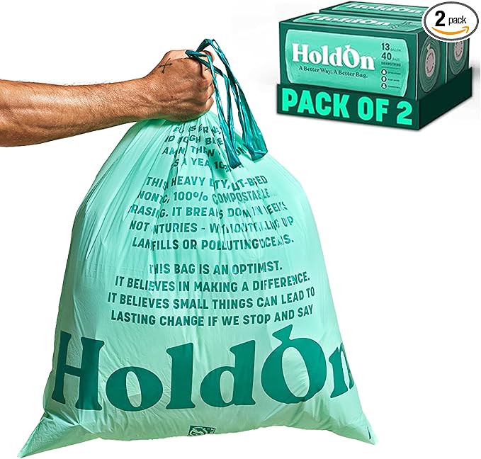 HoldOn Large Trash Bags 13 Gallon – Plant-Based Garbage Bags with Drawstring Handles for Tall Trash Bins – Trash Bags for Kitchen Bin (40 bags, Pack of 2), Green