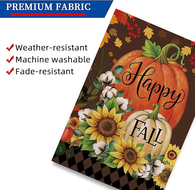 Happy Fall Garden Flag Burlap Autumn Vertical Double Sided Fall Thanksgiving Pumpkin Garden Flag Yard Outdoor Decoration 12.5 X 18 Inch