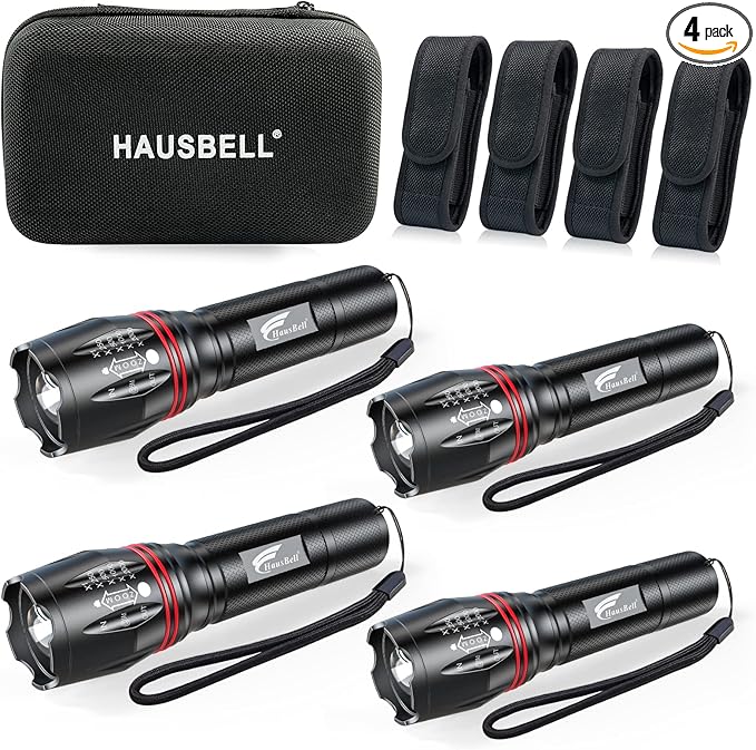 HAUSBELL T8 Upgraded Flashlight Bright, Zoomable Tactical LED Flashlights Flash Light with High Lumens and Five Modes and Camping Accessories, 4 Pack