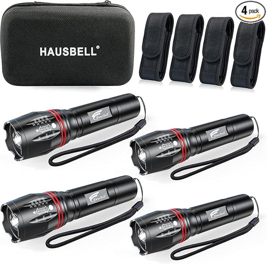 HAUSBELL T8 Upgraded Flashlight Bright, Zoomable Tactical LED Flashlights Flash Light with High Lumens and Five Modes and Camping Accessories, 4 Pack