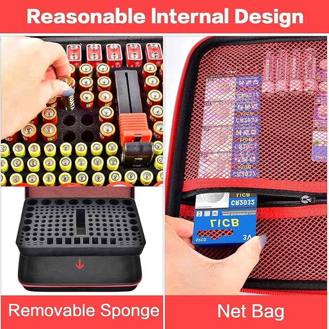 casmilee Battery Organizer & Storage Case with Tester for 162+ AA AAA 4A C D 9V 3V Lithium LR44 CR2 CR123 CR1632 CR2032 18650 Button - Batteries Not Included (Red)