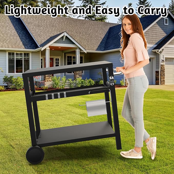 29.5''x19.6'' Outdoor Grill Cart, Pizza Oven Table Stand, 3-Shelves Food Prep Table for Ninja Woodfire, Ooni Pizza Oven, 17'' & 22'' Blackstone Griddle, Grill Stand for Picnic, Camping