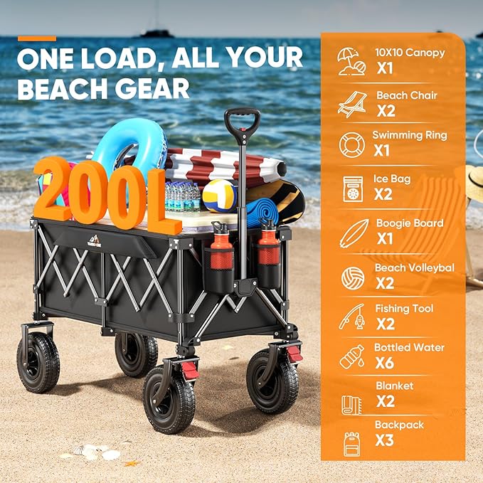 Beach Wagon with 9x3.5" Big Rubber Wheels for Sand, 350lbs Heavy Duty 200L Collapsible Utility Wagon, Easy Transport & Storage, Ideal for Sport, Camping, All-Terrain Outdoor Activities, Black