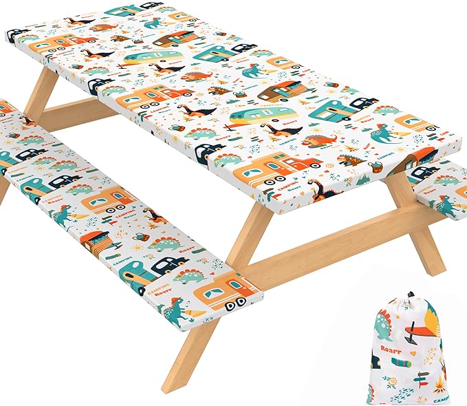 72 X 30 Inch Elastic Fitted Camping Table Cover with Bench Covers & Storage Bag, Picnic Tablecloth, Fits 6ft Picnic Tables, Polyester, Washable, Spill Resistant, Waterproof - Dino
