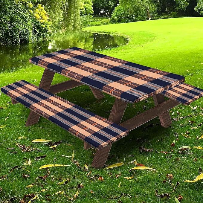 CAPSCEOLL Fitted Picnic Table Cover with Bench Covers with Elastic 6Ft Waterproof Camping Picnic Table Cover Cloths for Outdoors Camping Tablecloth with Drawstring Bag, 72X30in, Autumn Plaid
