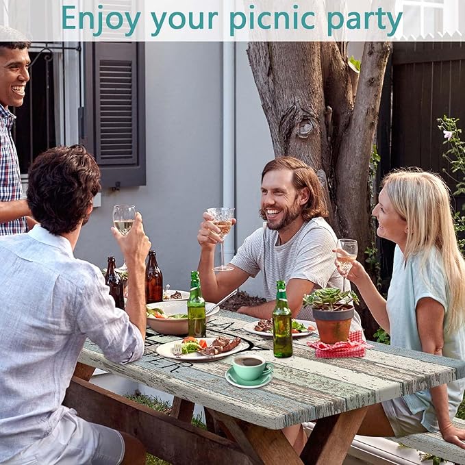 JAWO Picnic Table Covers with Bench Covers Camping Tablecloth 8FT for 8 Person Fitted Picnic Table Cover with Elastic Windproof Waterproof Fabric, Camping Accessories Patio & Outdoor, 3-PCS Set