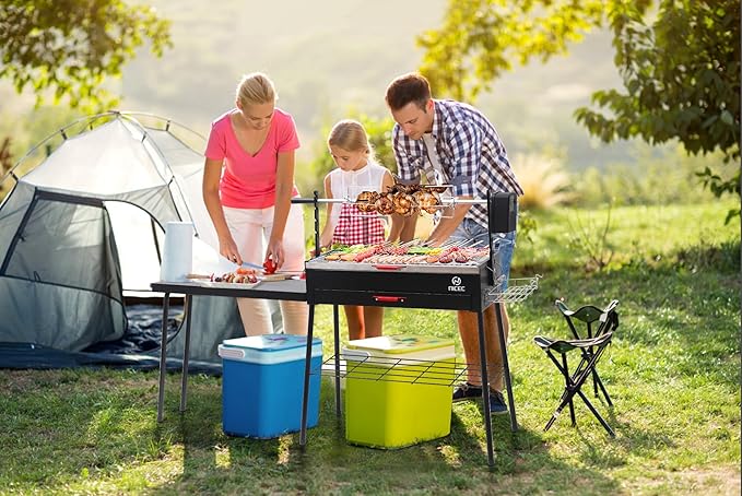Nice C Portable Charcoal Grill, Rotisserie, Detachable Table, Stainless Steel, Black, Outdoor, Freestanding, Manual Rotisserie