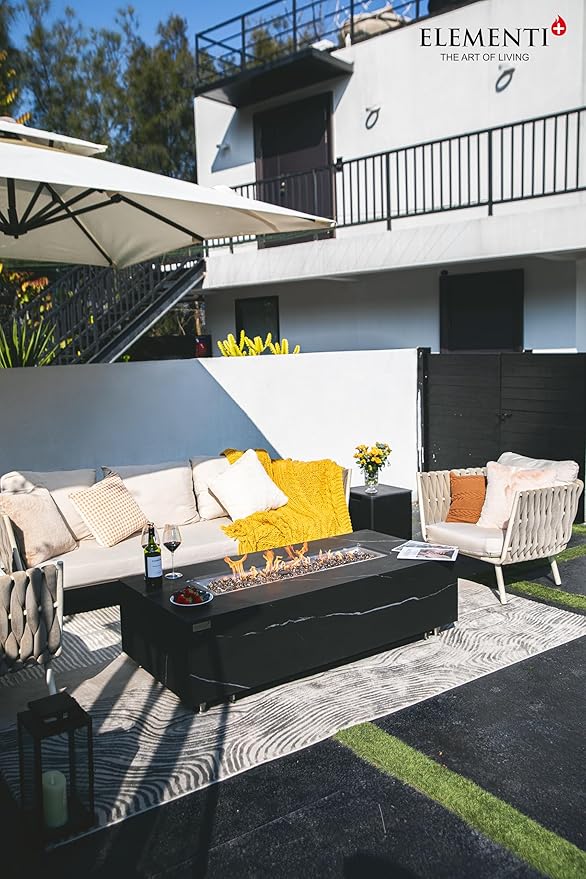 Elementi+ | Bundle Varna Gas Fire Pit | Marble Porcelain & Metal Frame | 60" Rectangular Fire Table | Electronic Ignition | Canvas Cover, Fire Glass & Burner Lid Included | Black | Natural Gas