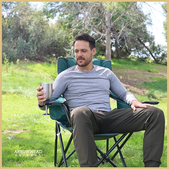 ARROWHEAD OUTDOOR Portable Folding Camping Quad Chair w/ 6-Can Cooler, Cup & Wine Glass Holders, Heavy-Duty Carrying Bag, Padded Armrests, Headrest & Seat, Supports up to 550lbs, USA-Based Support