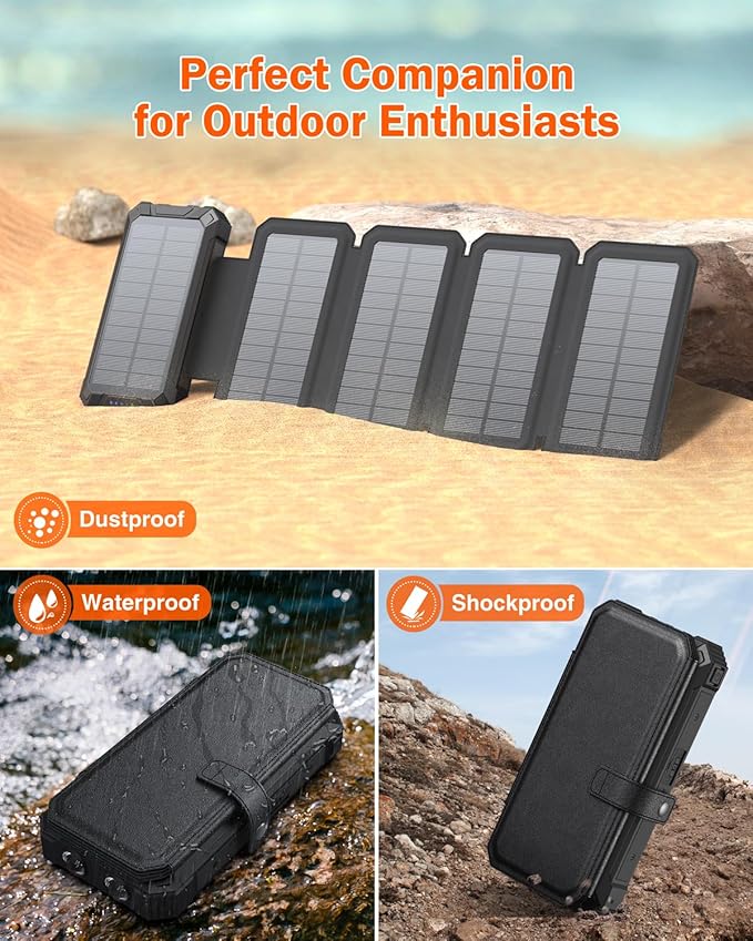 GOODaaa Solar Charger Power Bank, Portable Wireless Charger 36800mAh with Five Solar Panels Built-in Four Cable Five Outputs Outdoor Battery Pack for Cell Phone with Dual Flashlights, Carabiner
