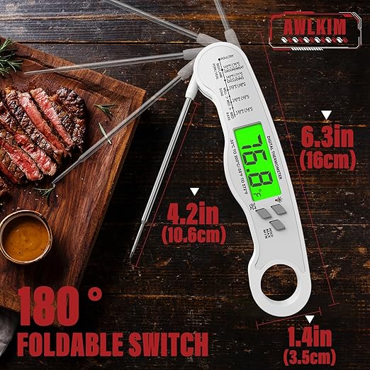AWLKIM® Meat Thermometer Digital - Fast Instant Read Food Thermometer for Cooking, Candy Making, Outside Grill, IP67 Waterproof Kitchen Thermometer with Backlight, Stocking Stuffers for Men - White