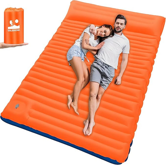 4 Inch Thick Double Sleeping Pad for Camping, with Foot Pump and Pillow, Lightweight Camping Mattress 2 Person for Outdoors, Backpacking, Hiking