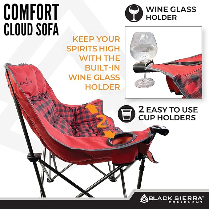 Black Sierra Double Camping Chair for Adults, Oversized Folding Loveseat Supports 600 lbs, Plush Padded Outdoor Couch with Cup Holders and Carry Bag for Beach, Patio, RV, or Tailgating Events