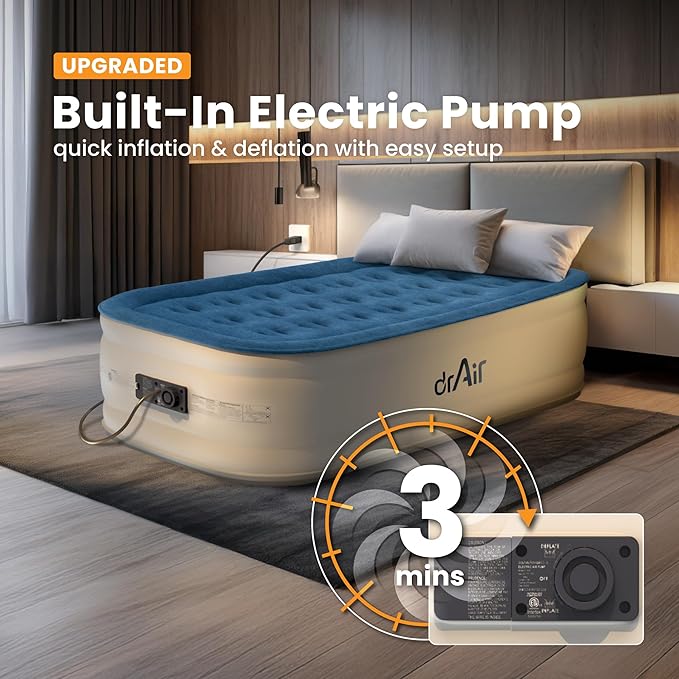 Twin Air Mattress, 18” Raised Inflatable Bed with Built-in Pump, Waterproof Velvety Top, Ergonomic Design, Reinforced Support, and Carry Bag for Home, Camping, and Guests