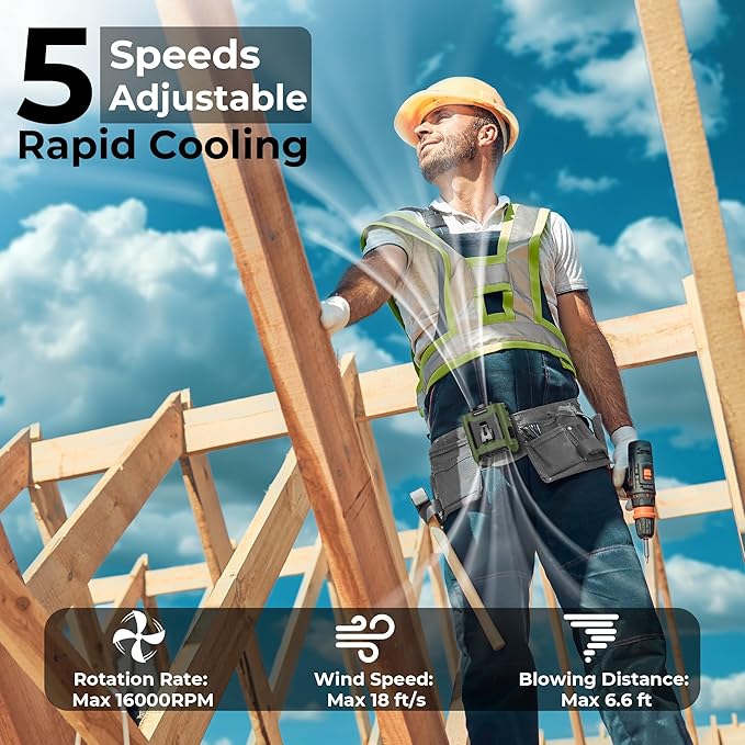 10000mAh Portable Waist Clip Fan, 40H Cooling Personal Wearable Fan, 5 Speeds 16000RPM Strong Belt Fan, Rechargeable Hands-free Neck Fan With Flashlight for Outdoor Jobsite Camping Traveling