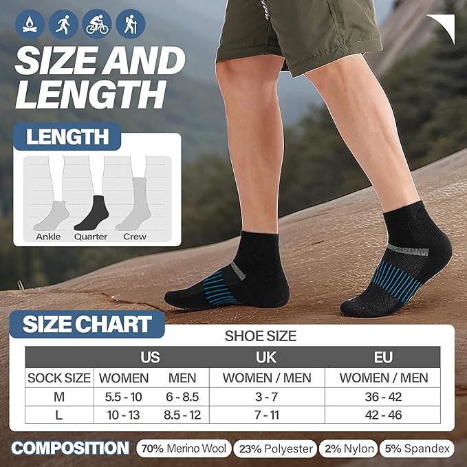 6 Pairs Merino Wool Ankle Running Hiking Socks Compression Support Breathable Thick Cushion No Show Socks for Women Men