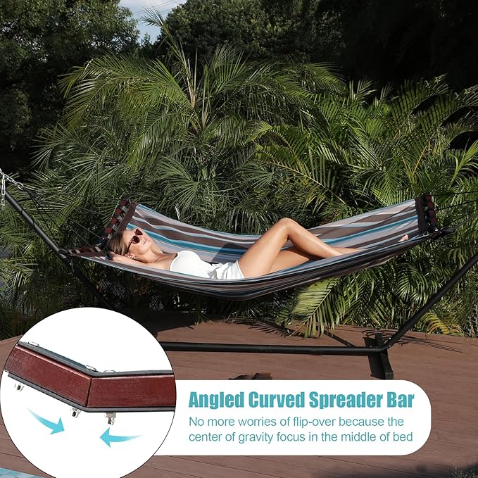 TegerDeger 12FT 2 Person Hammock Large Hammock Quick Dry 450LB Capacity with V Shaped Hardwood Spreader Bar & Nylon Rope for Outside, Patio, Garden, Backyard, Beach, Poolside - Brown Stripes