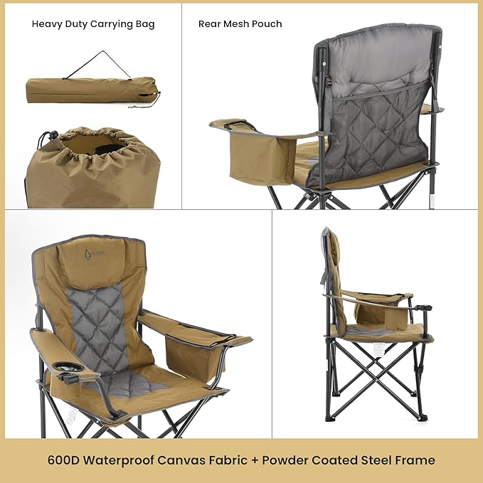 ARROWHEAD OUTDOOR Portable Folding Camping Quad Chair w/ 6-Can Cooler, Cup & Wine Glass Holders, Heavy-Duty Carrying Bag, Padded Armrests, Headrest & Seat, Supports up to 550lbs, USA-Based Support