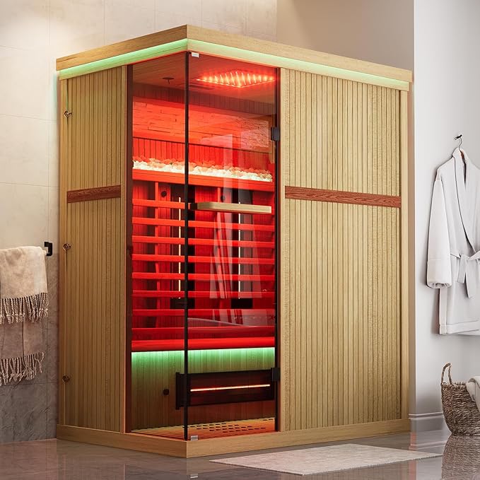 Full Spectrum Sauna for Home, 3 Person Indoor Infrared Spa Room with 10 Minutes Warm-up Heat, Canadian Hemlock Wood Home Sauna with Bluetooth and Tempered Glass