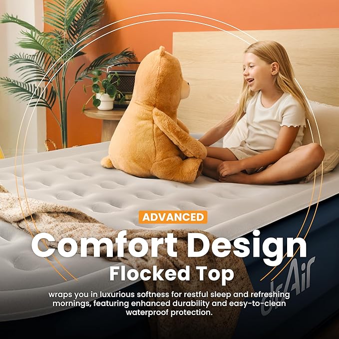 Twin Air Mattress, 18” Raised Inflatable Bed with Built-in Pump, Waterproof Velvety Top, Ergonomic Design, Reinforced Support, and Carry Bag for Home, Camping, and Guests