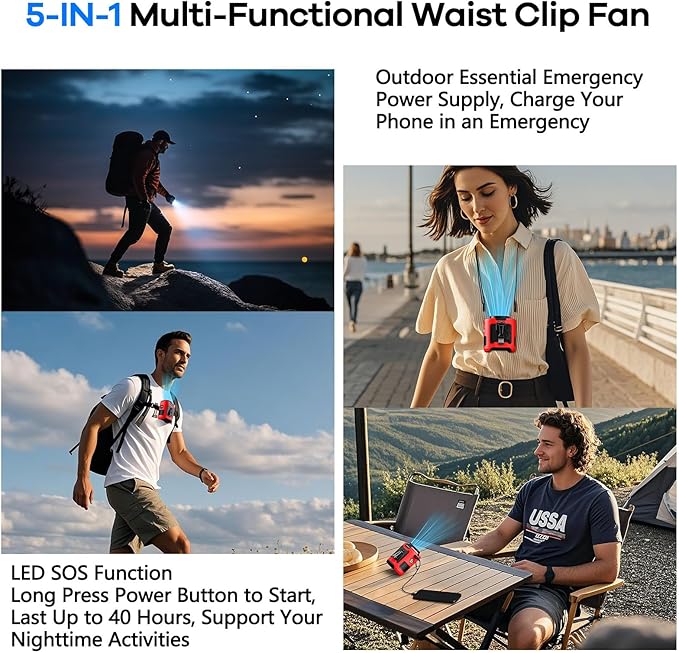 AI Portable Waist Clip Fan, Upgraded 10000mAh Rechargeable Battery Wearable Belt Personal Fan, 16000RPM Powerful 5 Speeds Shirt with Flashlight Neck Hands-Free 40H Cooling (Red)
