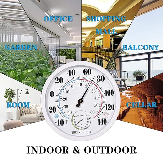 Indoor Outdoor Thermometer Large Waterproof Wall Patio Weather Thermometer No Battery Required Hanging Decor (White)