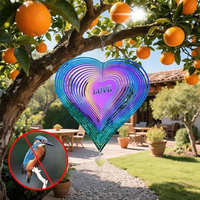 18 inch Wind Spinners Outdoor, Metal Hanging Bird Reflectors for Outside Stainless Steel Sparkly Bird Devices to Scare Birds Away from Yard Decoraction Patio Art Whirligig Love Gifts