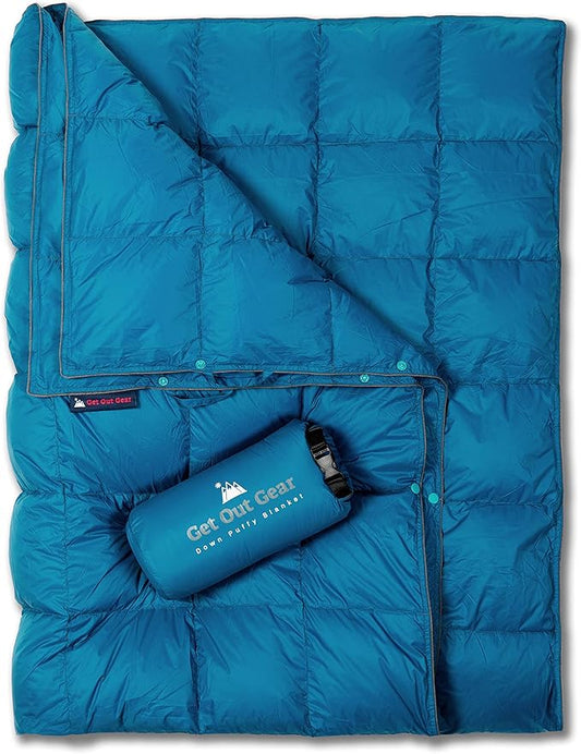 Down Camping Blanket - Puffy, Packable, Lightweight and Warm | Ideal for Outdoors, Travel, Stadium, Festivals, Beach, Hammock | 650 Fill Power Water-Resistant Backpacking Quilt