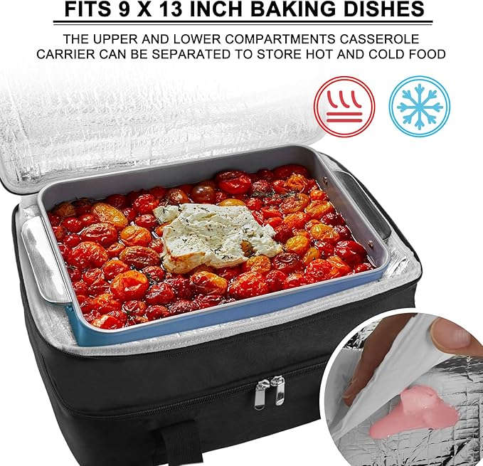 esouler Double Insulated Casserole Carrier Bag Hot & Cold Food Carrier Bag Lasagna Holder Lunch Bag for Picnics, Parties, Travel, Fits 9 x 13 Inches Casserole Dish-Black