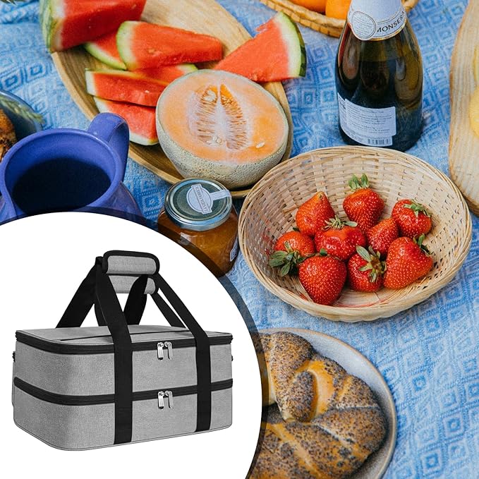 esouler Double Insulated Casserole Carrier Bag Hot & Cold Food Carrier Bag Lasagna Holder Lunch Bag for Picnics, Parties, Travel, Fits 9 x 13 Inches Casserole Dish-Grey