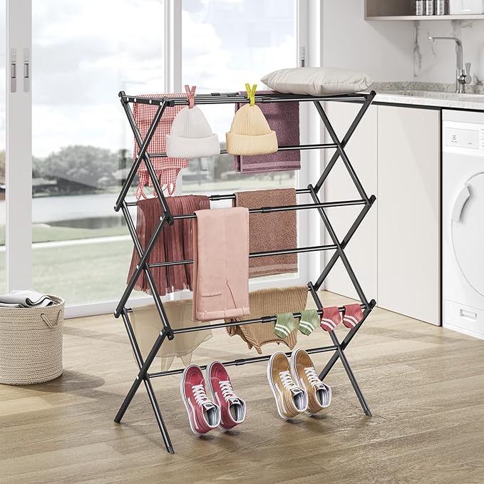 APEXCHASER Clothes Drying Rack, 3-Tier Laundry Drying Rack for Clothes, Expandable Metal Clothing Dryer, Collapsible Towel Rack, Air Drying Rack, Black