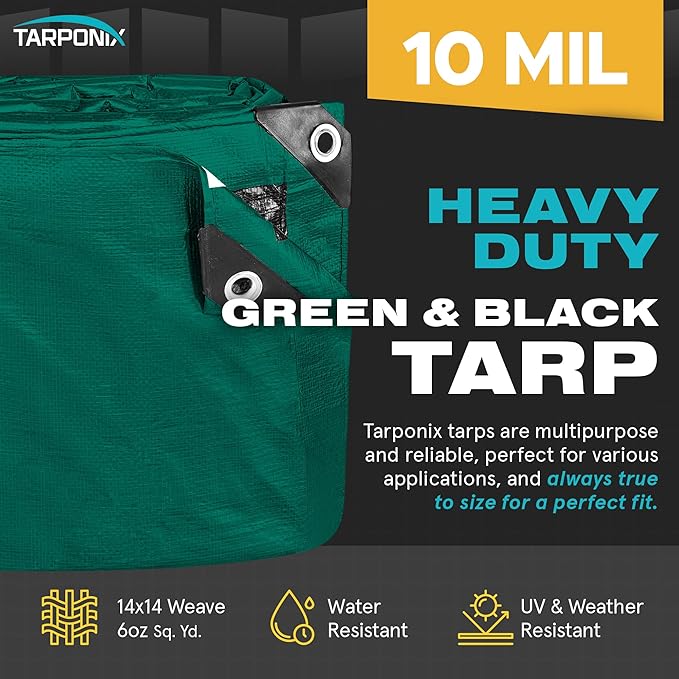 10' x 12' Dual-Sided Heavy-Duty Tarp – 10 Mil Tear-Resistant Green & Black Cover with Reinforced Edges and Anti-Rust Grommets
