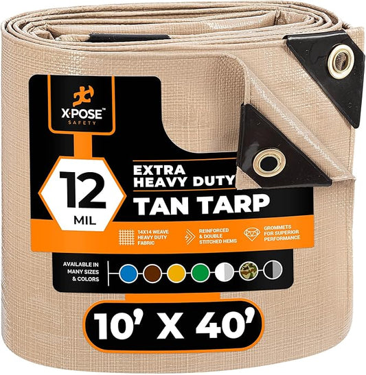 Heavy Duty Tan Poly Tarp 10' X 40' - Multipurpose Protective Cover - Durable, Waterproof, Weather Proof, Rip and Tear Resistant - Extra Thick 12 Mil Polyethylene - by Xpose Safety