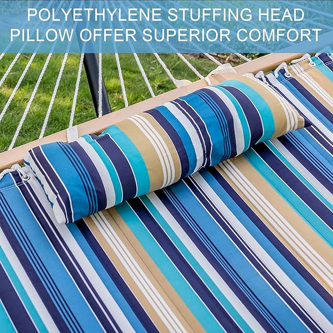 Lazy Daze Hammocks 12 FT Quilted Fabric Double Hammock with Spreader Bars and Detachable Pillow, 450 LBS Weight Capacity, Beaches Stripe