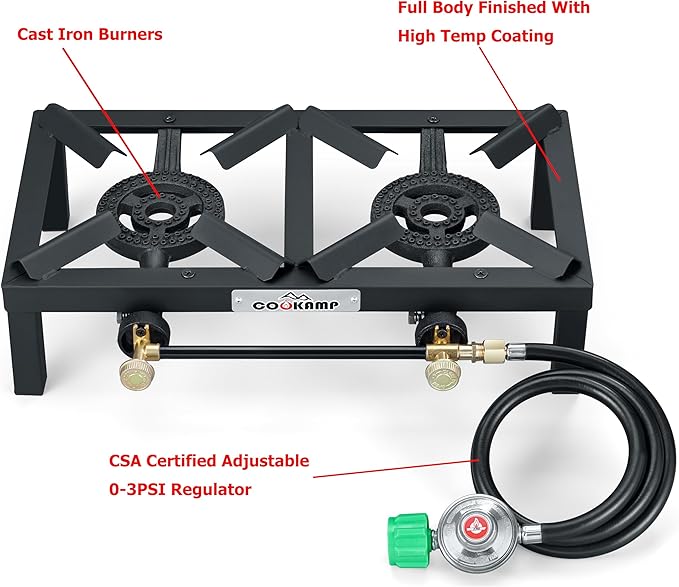Propane Double Burner Angle Iron Camp Stove with CSA Listed Regulator and 4ft Hose (SA2200)