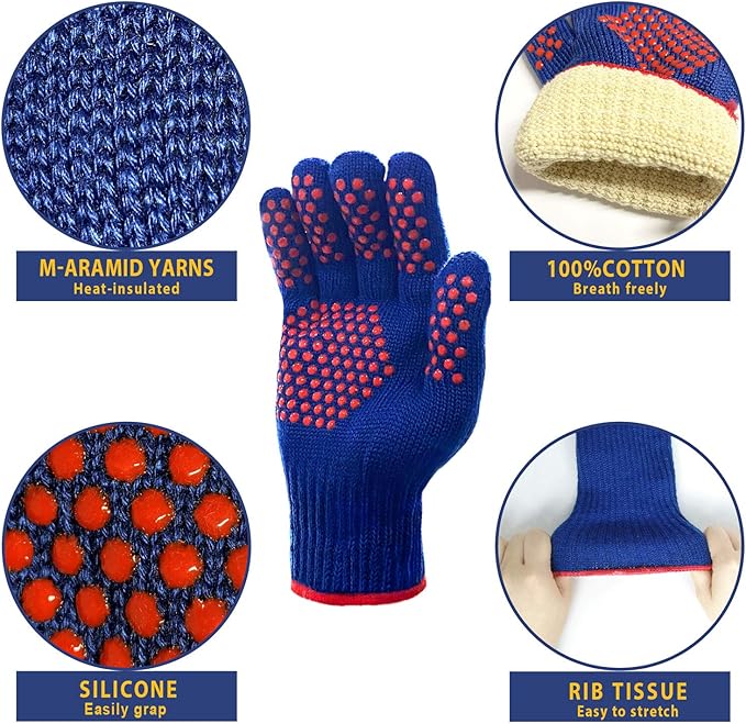 MIG4U BBQ Grill Gloves,Oven Gloves Extreme 500 degrees Heat Resistant grilling gloves with Food Grade Non-Slip Silicone Dots for Cooking, Grilling, Baking, Smoker, Barbecue, Kitchen(10" Blue)