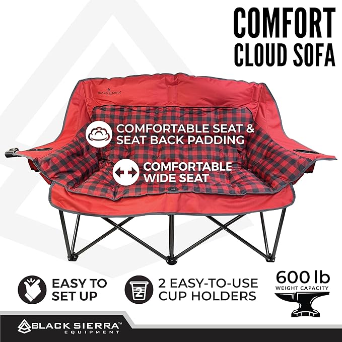 Black Sierra Double Camping Chair for Adults, Oversized Folding Loveseat Supports 600 lbs, Plush Padded Outdoor Couch with Cup Holders and Carry Bag for Beach, Patio, RV, or Tailgating Events